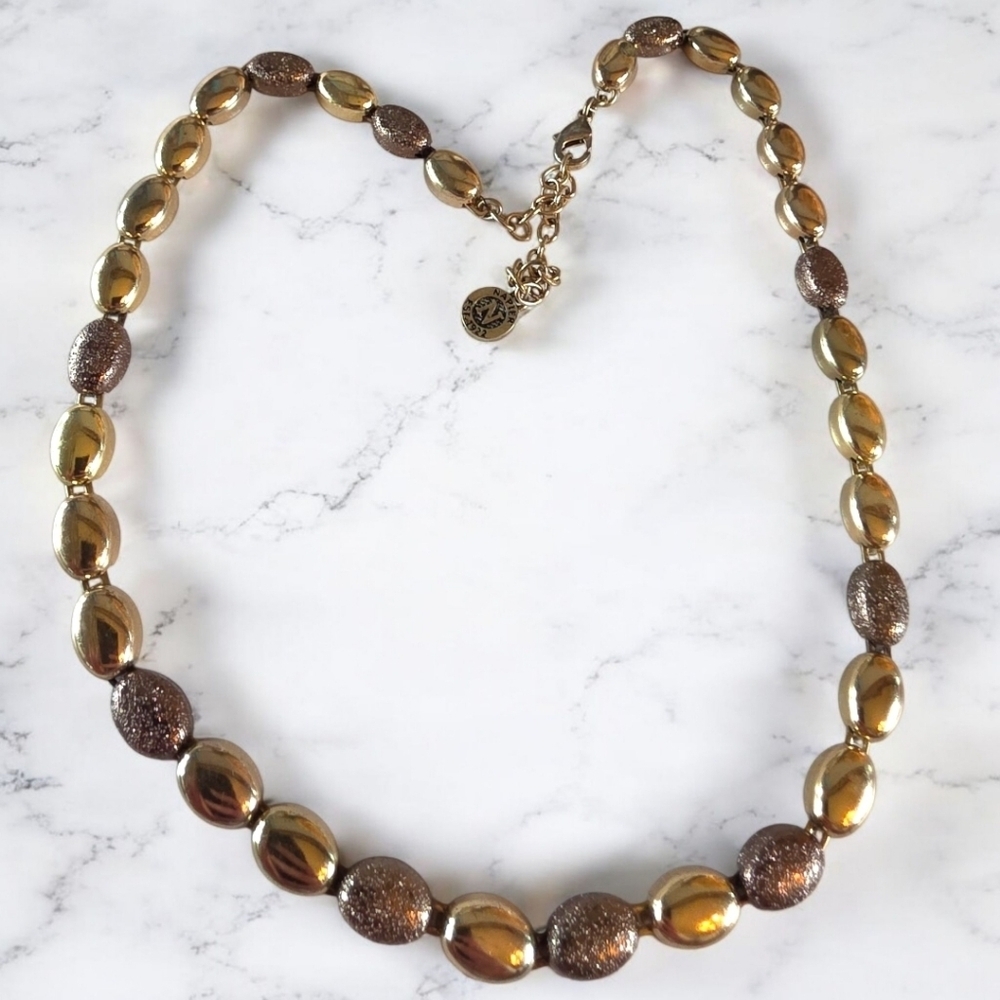 Vintage Napier Gold & Bronze Textured Oval Bead Necklace – Est. 1922 Tag